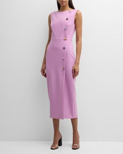 Lela Rose Jewel-Button Boat-Neck Sleeveless Midi Sheath Dress - Pink