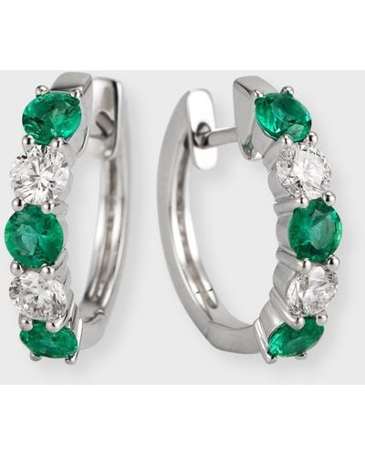 David Kord 18k White Gold Earrings With 3.3mm Alternating Diamonds And Emeralds - Green