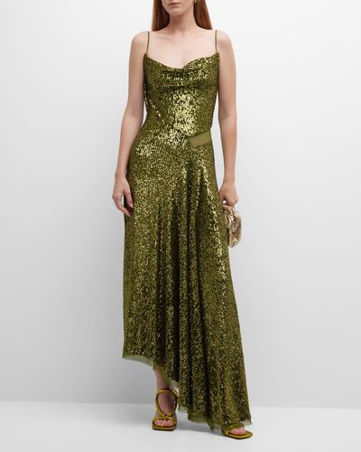 Jason Wu Asymmetric Sequin Gown With Mesh Inset Detail - Green