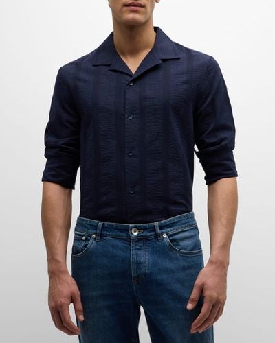 Brunello Cucinelli Seersucker Stripe Casual Button-Down Shirt - Blue