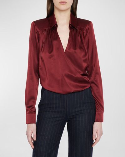 Veronica Beard Rozik Long-Sleeve Silk Surplice Top - Red
