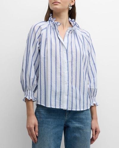 Finley Fiona Striped Ruffle-Trim Seersucker Shirt - Blue