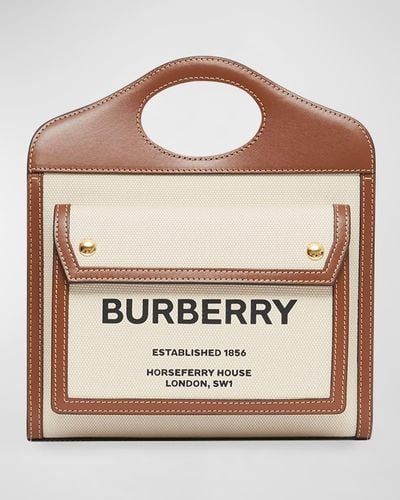 Burberry Pocket Mini Canvas Logo Top Handle Tote Bag - Brown