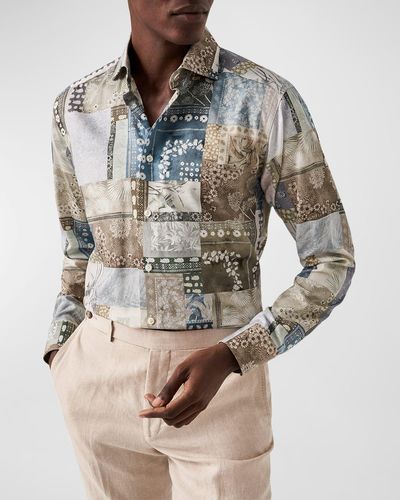 Eton Slim Fit Patchwork Cotton Tencel Shirt - Gray
