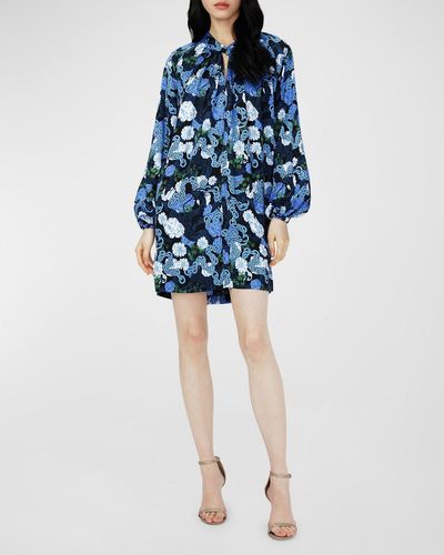 Diane von Furstenberg Silka Pleated Floral-Print Shift Mini Dress - Blue