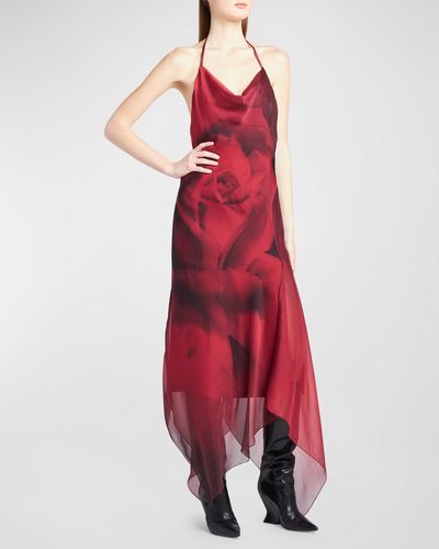 Alberta Ferretti Rose-Print Cowl Halter Handkerchief Maxi Dress - Red