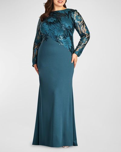 Tadashi Shoji Plus Size Sequin Embroidered Crepe Column Gown - Blue