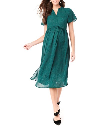 Loyal Hana Maternity Lily Printed Flutter-sleeve Midi Dress - Green