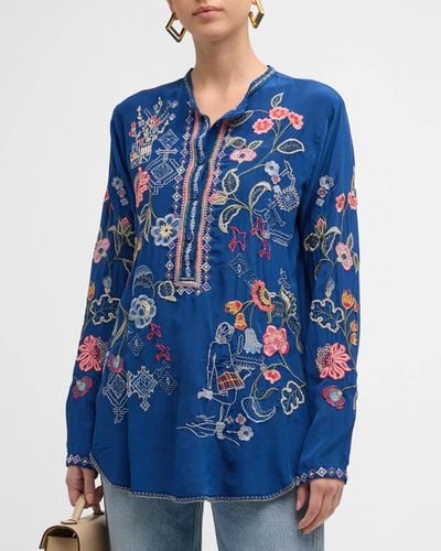 Johnny Was Nya Floral-Embroidered Silk Blouse - Blue