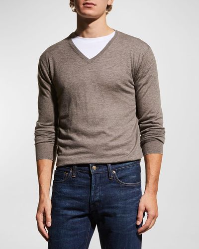 Neiman Marcus Extra Lightweight Wool-Cashmere V-Neck Sweater - Gray