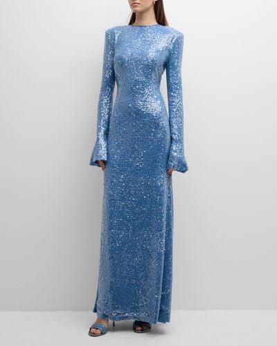 LAPOINTE Sequin Flare-Sleeve Strong-Shoulder Maxi Dress - Blue