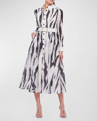 LEO LIN Veronica Belted Zebra-print Midi Shirt Dress - White