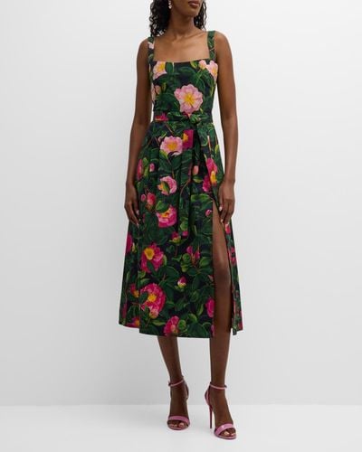 Oscar de la Renta Camellias-Print Belted Slit-Hem Poplin Midi Dress - Multicolor