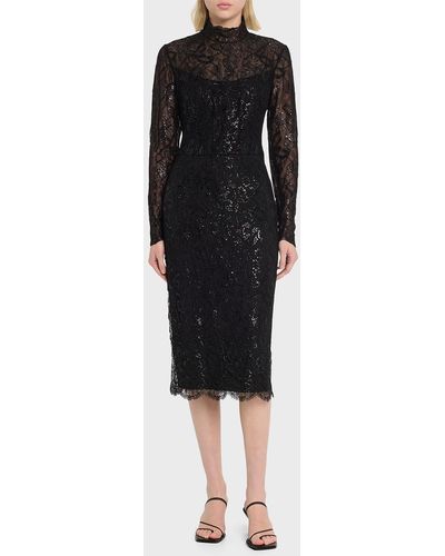 Ralph Lauren Collection Metallic Lace Long-Sleeve Midi Dress - Black