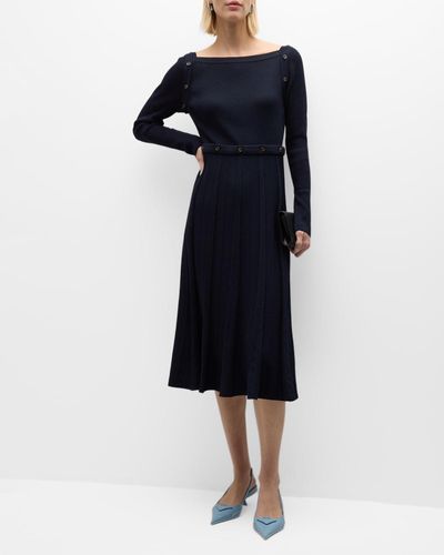 ADEAM Gemma Button Long-Sleeve Pleated Knit Midi Dress - Blue