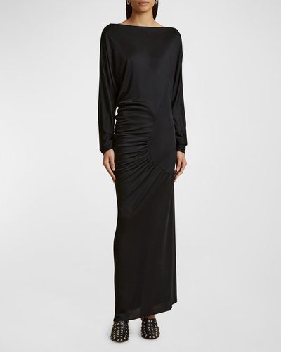Khaite Oron Long-Sleeve Asymmetric Gathered Maxi Dress - Black