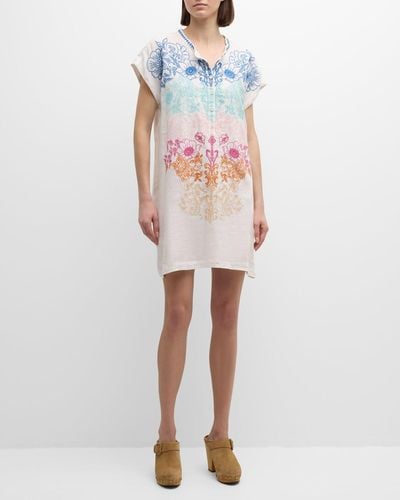 Johnny Was Mishti Floral-Embroidered Linen Mini Dress - Natural