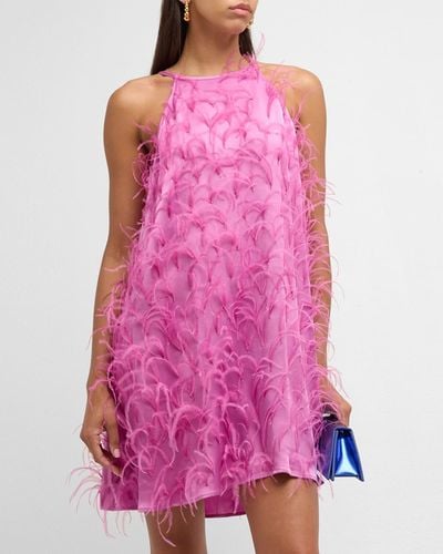 LAPOINTE Feather Embellished Doubleface Satin Halter Mini Dress - Pink