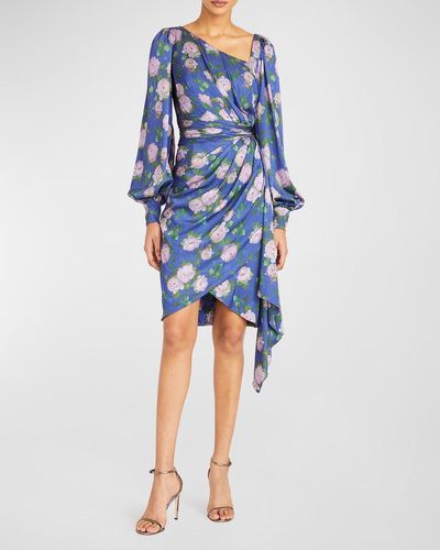 THEIA Claudia Bishop-sleeve Floral-print Mini Dress - Blue