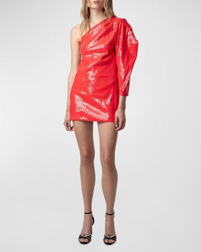 Zadig & Voltaire Roely Sequin-Embellished Asymmetric Mini Dress - Red