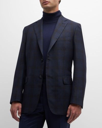 Brioni Plaid Wool Sport Coat - Blue