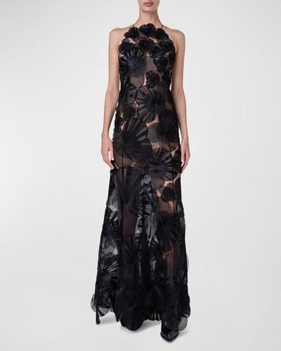 Akris Anemone Tulle Gown With Silk Organza Floral Detail - Black