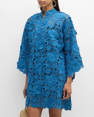La Vie Style House Floral Lace Caftan Mini Dress - Blue