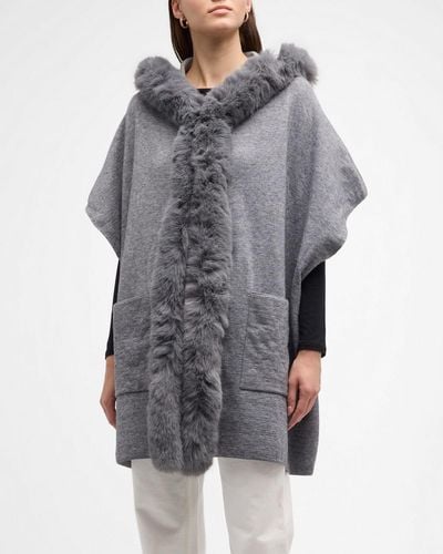 La Fiorentina Hooded Faux Fur Trim Cardigan - Gray