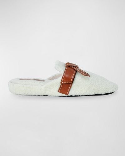 Jacques Levine Leather Buckle Faux Shearling Slipper - White