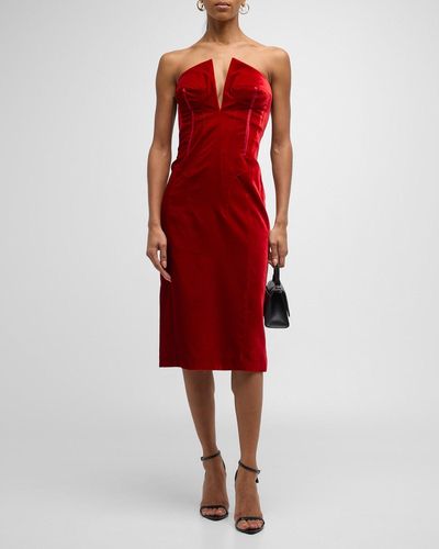Tom Ford Sculpted Plunging Strapless Velvet Bustier Dress - Red