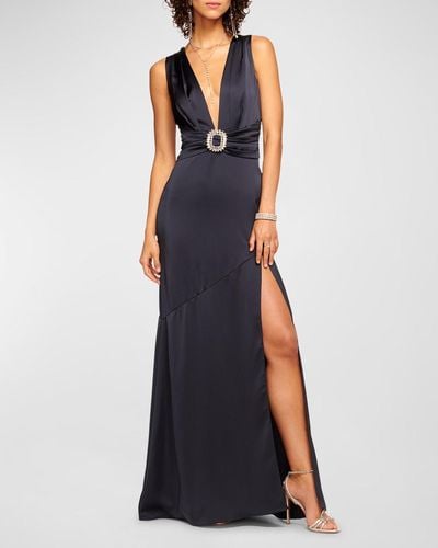Ramy Brook August Crystal Deep V-Neck Gown - Blue