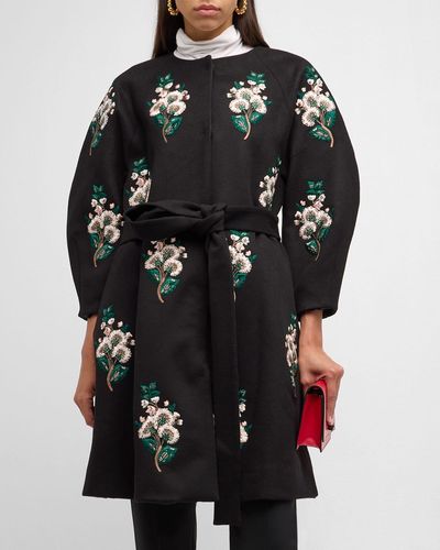 Carolina Herrera Floral Embroidered Cashmere Belted Collarless A-line Coat - Black