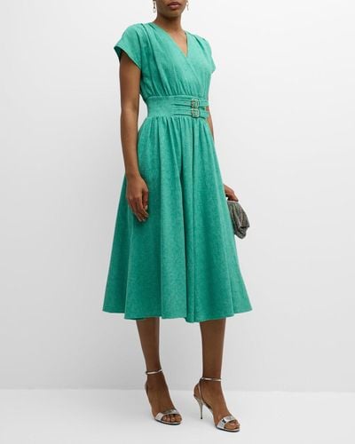 Tahari The Romina Buckle-Embellished A-Line Midi Dress - Green