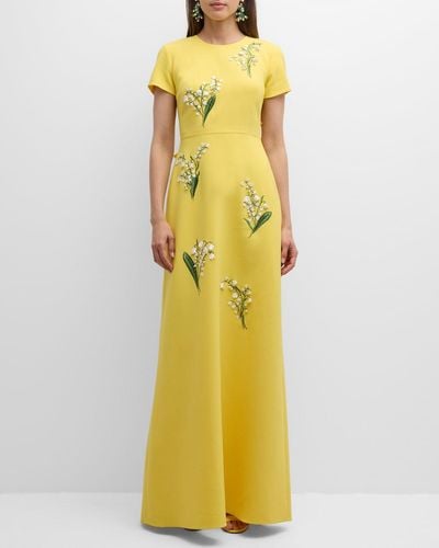 Carolina Herrera Floral Embroidered Gown With Back Bows - Yellow