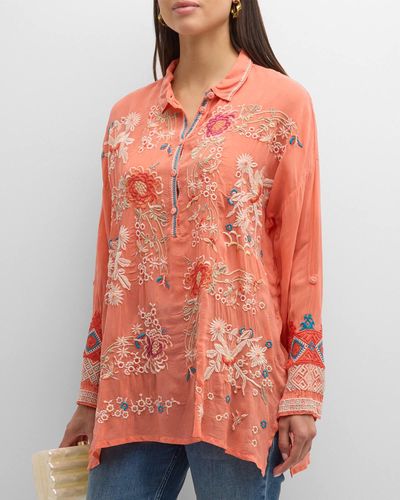 Johnny Was Adrina Floral-Embroidered Georgette Tunic - Orange