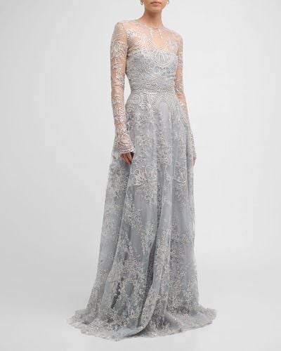 Naeem Khan Tattoo Lace Gown With Sheer Overlay - Gray