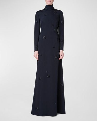 Akris Embellished Long-Sleeve Godet-Back Gown - Blue