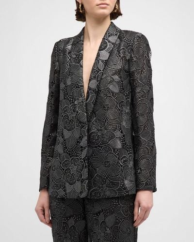 Emanuel Ungaro Shawl-Collar Metallic Floral Lace Jacket - Gray