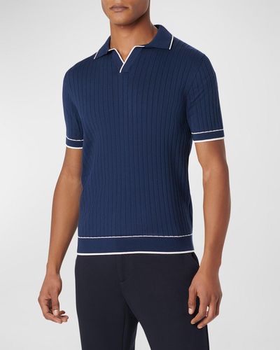 Bugatchi Ribbed Sweater With Johnny Collar - Blue