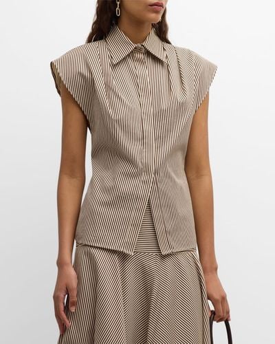 Brandon Maxwell The Gabi Button-Front Shirt With Pleated Shoulder Detail - Brown