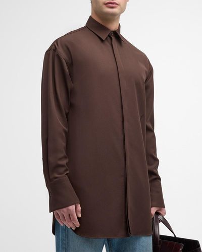 Ferragamo Solid Wool Button-Down Shirt - Brown