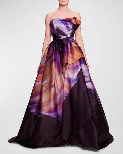 Marchesa Strapless Satin Organza Draped Gown - Purple