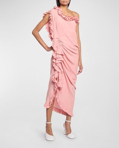 Dries Van Noten Dinas Ruched One-shoulder Midi Dress With Ruffle Trim - Pink