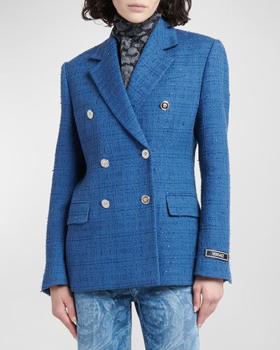 Versace Informal Double-Breasted Tweed Jacket - Blue