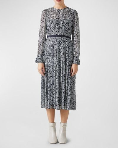 LK Bennett Estelle Pleated Heart-Print Midi Dress - Gray