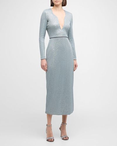 Giorgio Armani Plunging Sequined Knit Dress - Blue