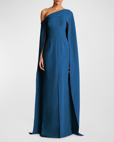 Halston Elycia One-Shoulder Crepe Cape Gown - Blue