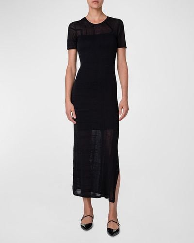 Akris Lizzie Lines Ajoure Knit Short-Sleeve Midi Dress - Black