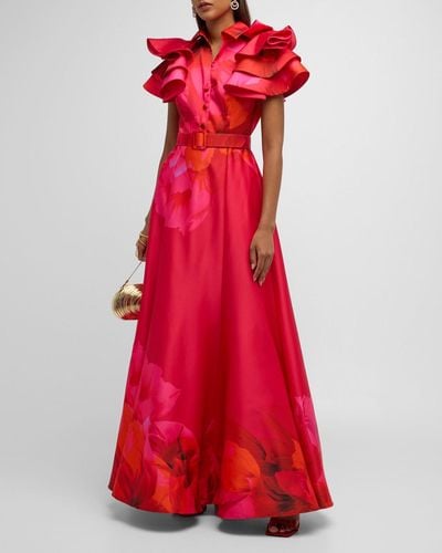 Badgley Mischka Floral-Print Ruffle-Sleeve Shirt Gown - Red