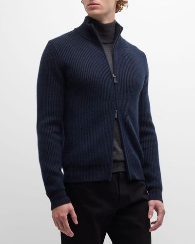 Neiman Marcus Ribbed Full-Zip Cashmere Sweater - Blue